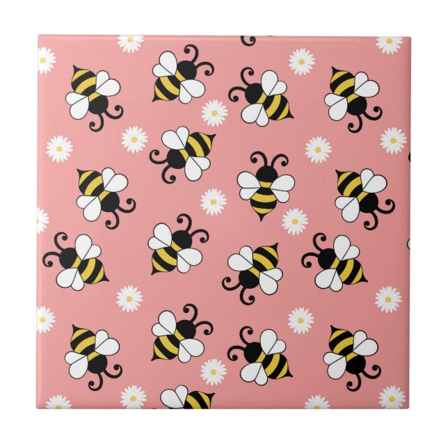 Cute little bees and daisy flowers pattern  ceramic tile (Front)