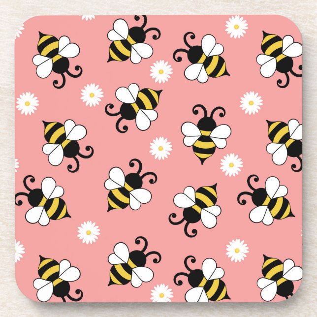 Cute little bees and daisy flowers pattern   coaster (Front)