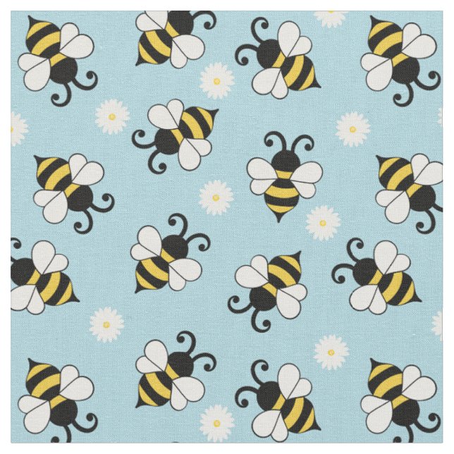 Cute little bees and daisy flowers pattern  fabric (Close Up)