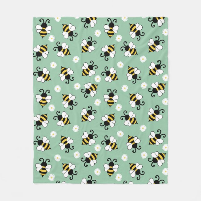 Cute little bees and daisy flowers pattern fleece blanket (Front)