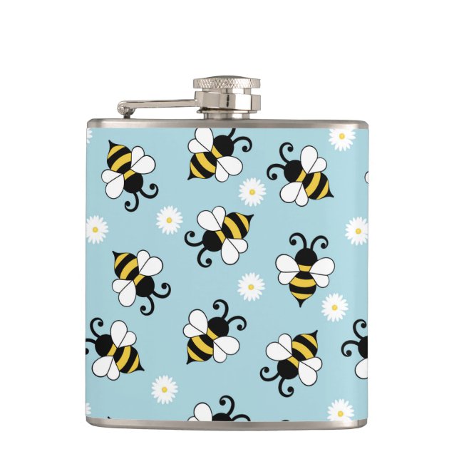 Cute little bees and daisy flowers pattern  hip flask (Front)