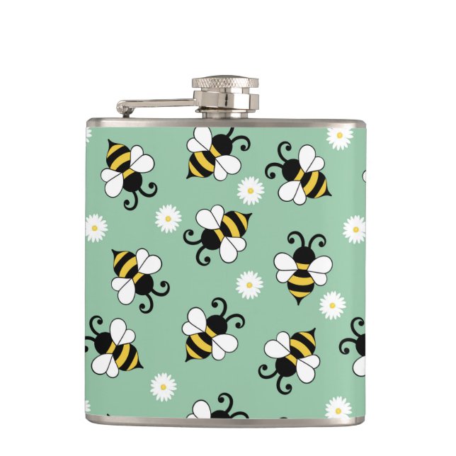 Cute little bees and daisy flowers pattern  hip flask (Front)