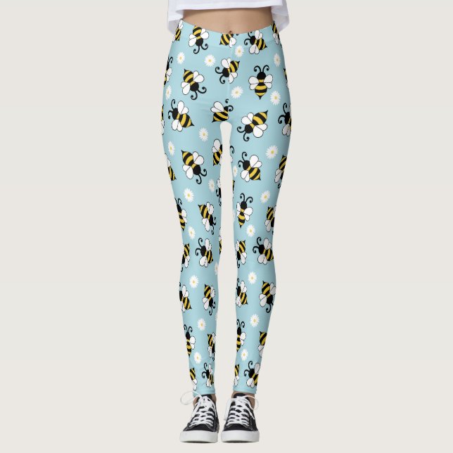 Cute little bees and daisy flowers pattern  leggings (Front)
