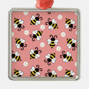 Cute little bees and daisy flowers pattern metal ornament