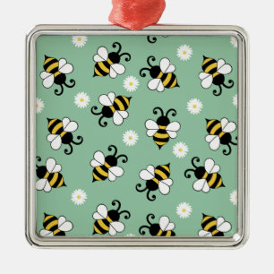 Cute little bees and daisy flowers pattern metal ornament