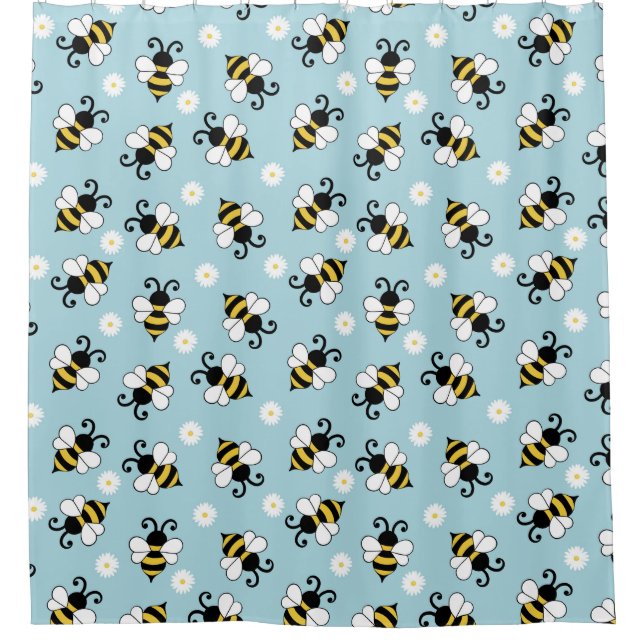 Cute little bees and daisy flowers pattern shower curtain (Front)