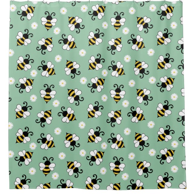 Cute little bees and daisy flowers pattern shower curtain (Front)