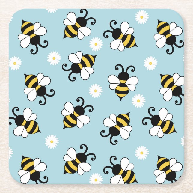 Cute little bees and daisy flowers pattern  square paper coaster (Front)