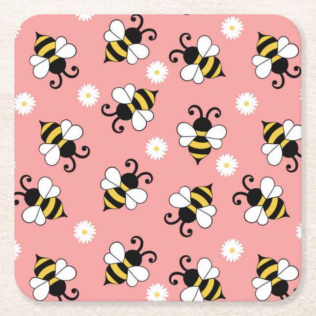Cute little bees and daisy flowers pattern  square paper coaster (Front)