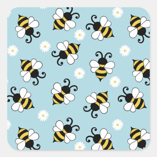 Cute little bees and daisy flowers pattern  square sticker (Front)