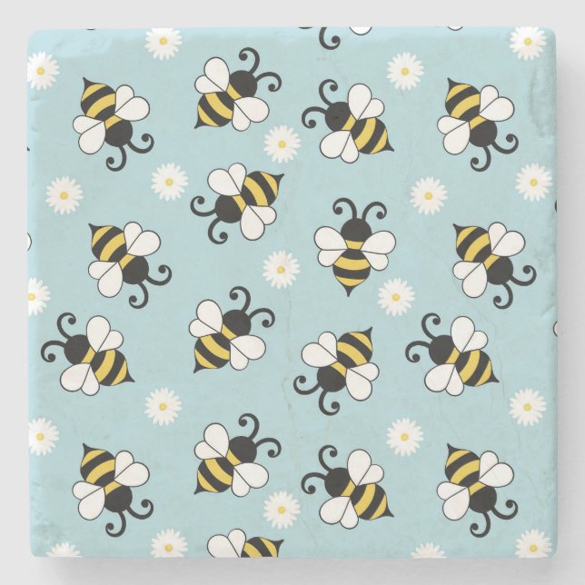 Cute little bees and daisy flowers pattern stone coaster (Front)