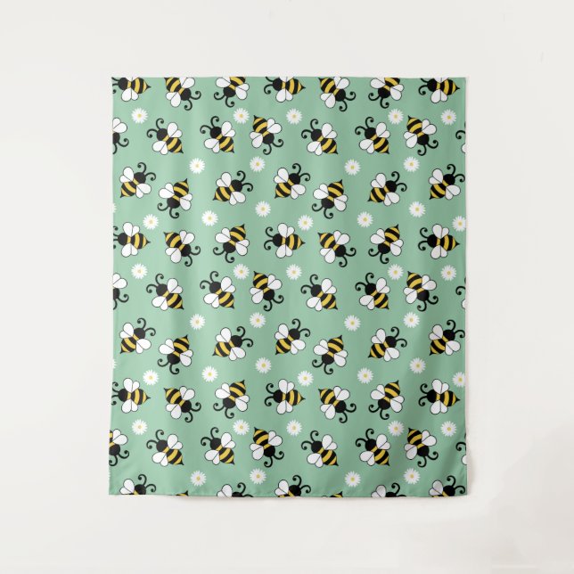 Cute little bees and daisy flowers pattern tapestry (Front)