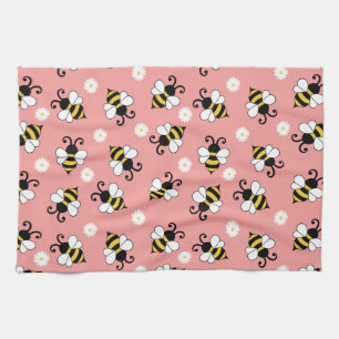Cute little bees and daisy flowers pattern   tea towel