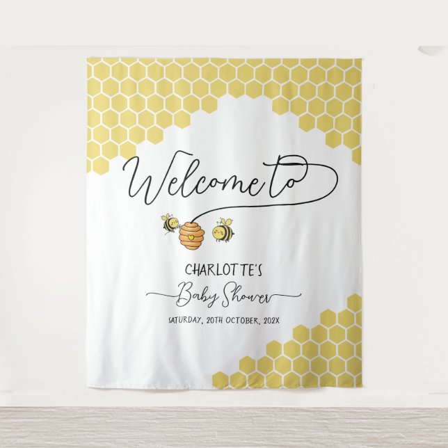 Cute Little Bees Honeycomb Baby Shower Backdrop Tapestry (Front)