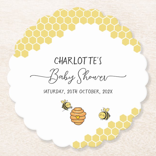Cute Little Bees Honeycomb Baby Shower Paper Coaster (Front)