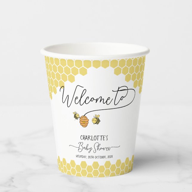 Cute Little Bees Honeycomb Baby Shower Paper Cups (Front)