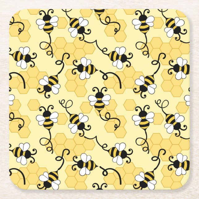 Cute little bees pattern square paper coaster (Front)