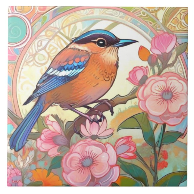Cute Little Bird Art Nouveau Deco Inspo Floral Ceramic Tile (Front)