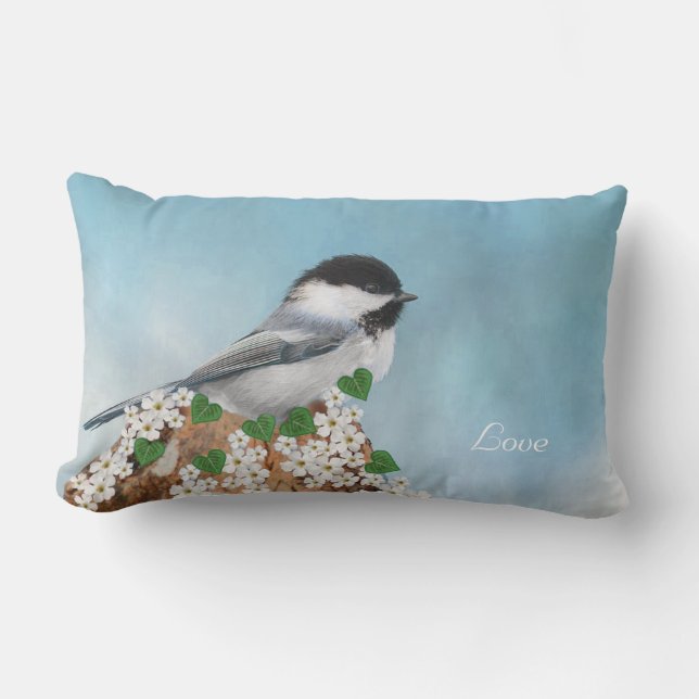 Cute Little Bird, Flowers & Calligraphy Lumbar Cushion (Front)