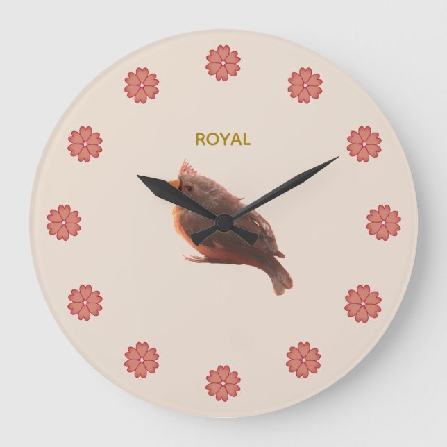 Cute Little Bird & Flowers on Beige Large Clock (Front)