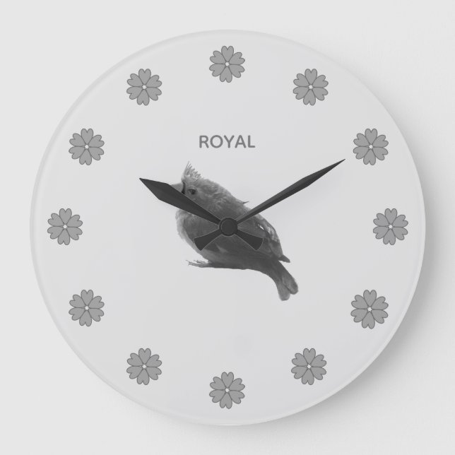 Cute Little Bird & Flowers on Silver Gray Large Clock (Front)