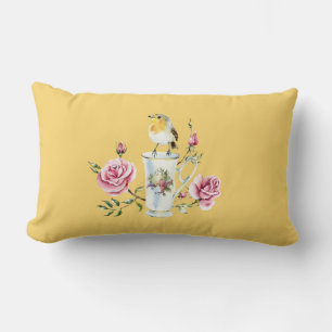 Cute little bird on China tea cup roses romantic Lumbar Cushion