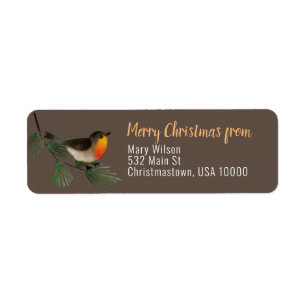 Cute Little Bird on Pine Branch, Brown, Christmas Return Address Label