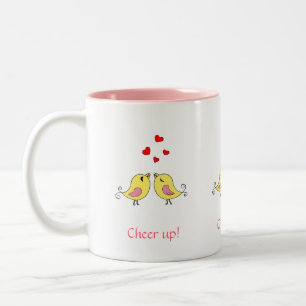Cute little birdies, hearts & pink calligraphy Two-Tone coffee mug