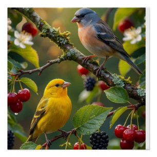 Cute Little Birds With Red Berries In Forest Natur Poster