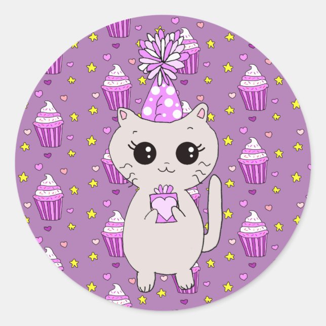 Cute Little Birthday Cat Purple Classic Round Sticker (Front)