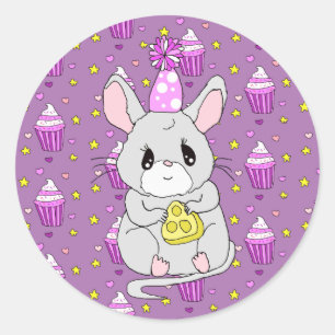 Cute Little Birthday mouse Purple Classic Round Sticker