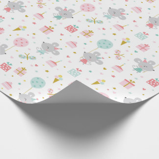 Cute Little Birthday Mouse with gifts & cake white Wrapping Paper