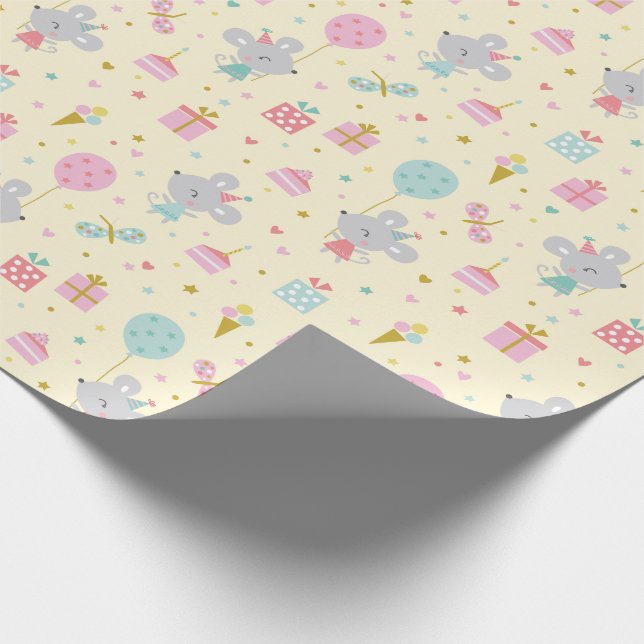 Cute Little Birthday Mouse with gifts cake Yellow Wrapping Paper (Corner)