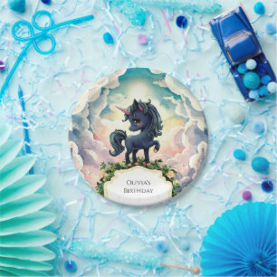 Cute Little Black Unicorn Birthday Paper Plate