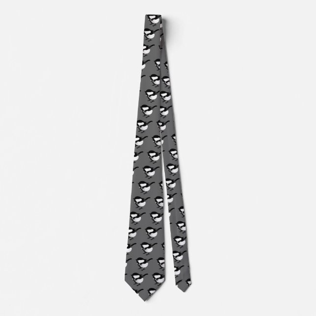 Cute Little Black & White, Grey Chickadee Bird Tie (Front)