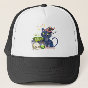 Cute little black witch cat with a cauldron trucker hat