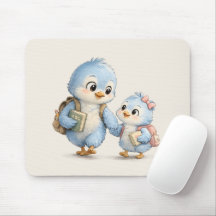Cute Little Blue Bird Family Desk Mouse Pad