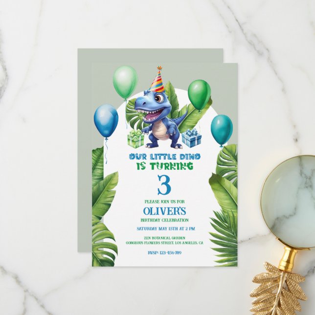 Cute Little Blue Birthday Dino Tropical Frame Thank You Card (Front/Back In Situ)