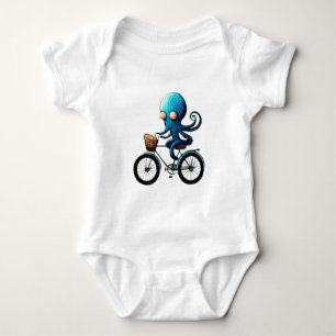 Cute little blue octopus on a bicycle baby bodysuit
