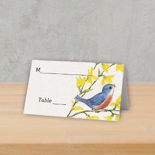 Cute Little Blue Red Bird on Branch Yellow Flowers Place Card