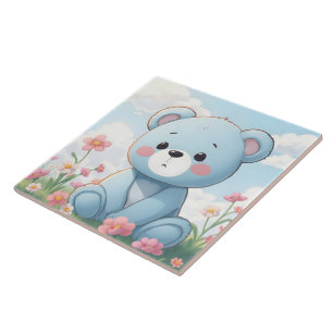 Cute little blue teddy bear in garden ceramic tile