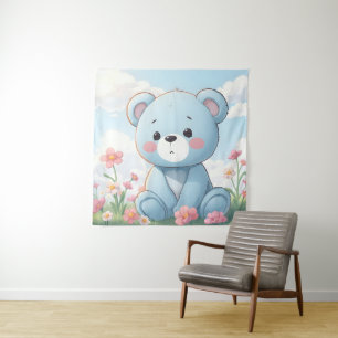 Cute little blue teddy bear in garden tapestry