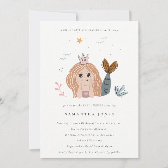Cute Little Blush Sea Mermaid Baby Shower Invite (Front)