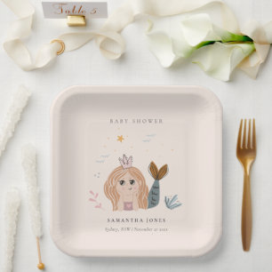 Cute Little Blush Sea Mermaid Girl Baby Shower Paper Plate