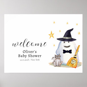 Cute Little Boo Ghost Boy Baby Shower Welcome Poster
