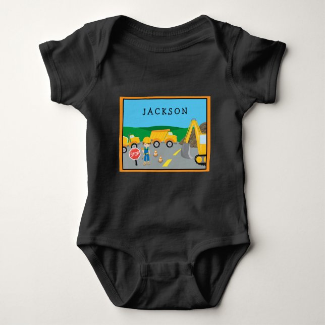 Cute Little Boy Construction Vehicle Monogrammed Baby Bodysuit (Front)