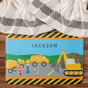 Cute Little Boy Construction Vehicle Monogrammed Bath Mat