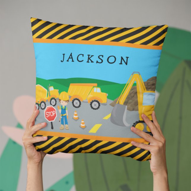 Cute Little Boy Construction Vehicle Monogrammed Cushion (Creator Uploaded)