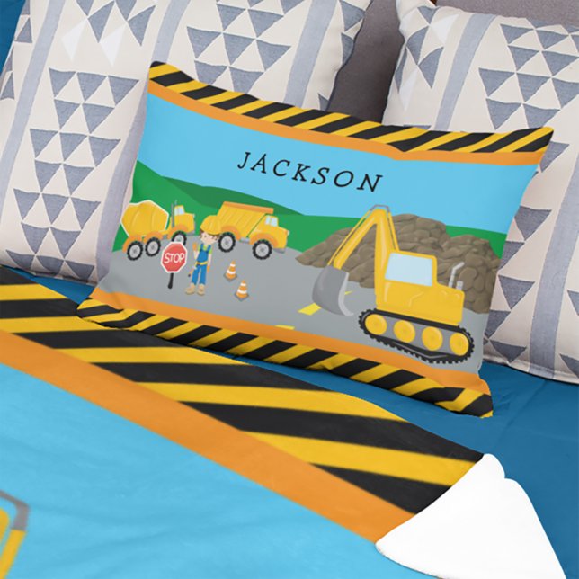 Cute Little Boy Construction Vehicle Monogrammed Decorative Cushion (Creator Uploaded)