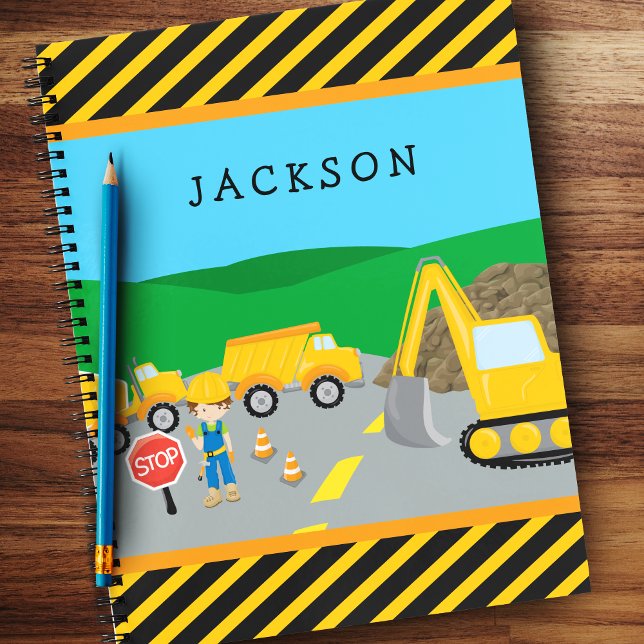 Cute Little Boy Construction Vehicle Monogrammed Notebook (Creator Uploaded)